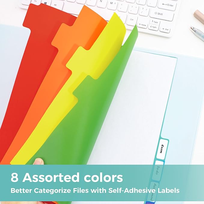 SUNEE 8 Tab Binder Dividers,Plastic Dividers for 3 Ring Binder,3 Ring Binder Dividers with Tabs for School Office Home Supplies,Bright Color, 2 Set