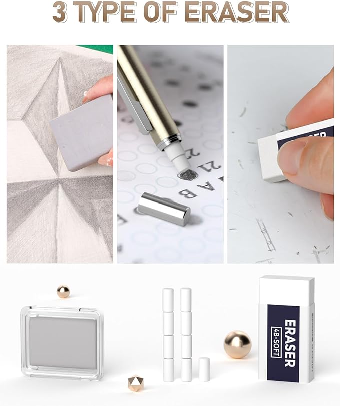 Nicpro 37PCS Gold Art Mechanical Pencil Set, 4PCS Metal Drafting Pencil 0.3/0.5/0.7/0.9 mm & 2PCS 2mm Lead Holder (6B 4B 2B HB 2H 4H) School Supplies for Sketching Drawing with 23 Tube Lead Refills