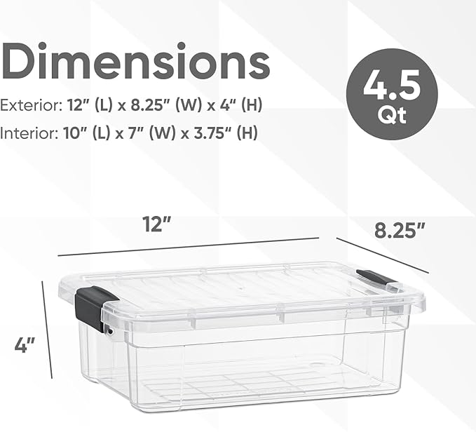 Superio Storage Bins with Lids- 4 Pack, 4.5 Qt Clear Boxes for Organizing, Stackable Plastic Containers- BPA Free, Non-Toxic, Odor Free, Organizer for Home, Office, Dorm