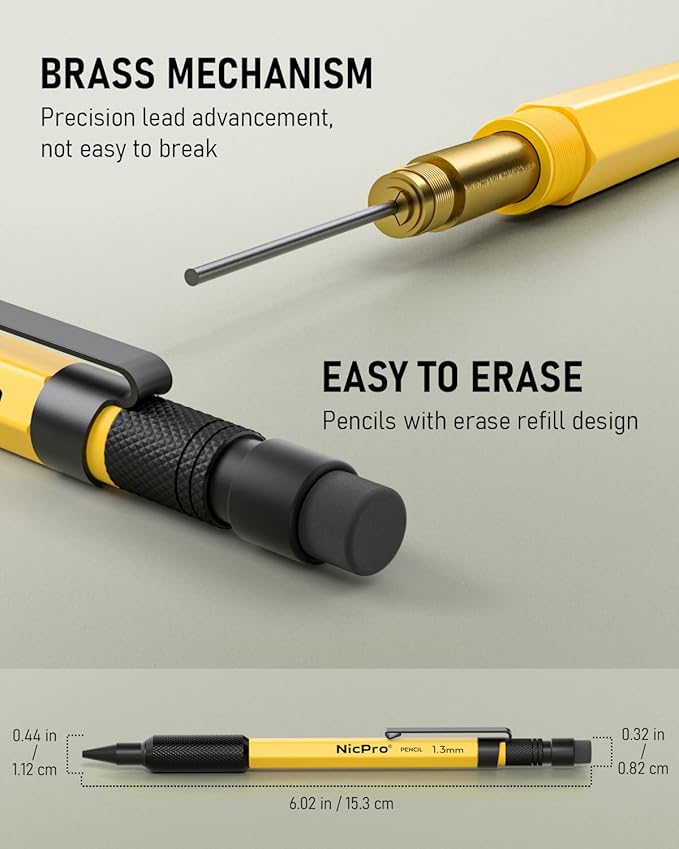 Nicpro 21PCS 1.3 mm Mechanical Pencil Set in Leather Bag with 138 Lead Refill, Eraser, Eraser Refills - Weatherproof Metal Barrel, Heavy Duty Carpenter Pencil for Outdoor Marking Drawing Woodworking
