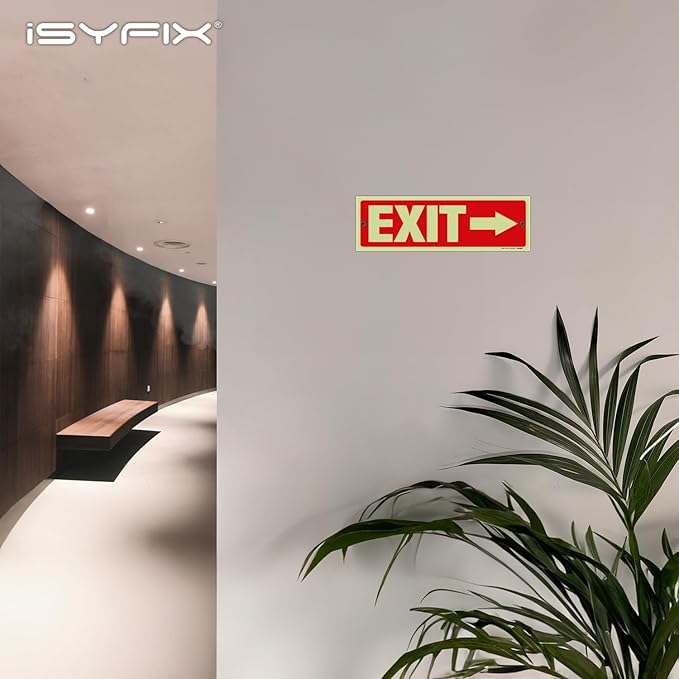 iSYFIX Exit Signs with Directional Right Arrow - 2 Pack 12x4 Inch Glow in the Dark for Business, School, Office, Warehouse - Durable 40 Mil Polystyrene, UV Laminated, Waterproof, Scratch & Fade Resistant