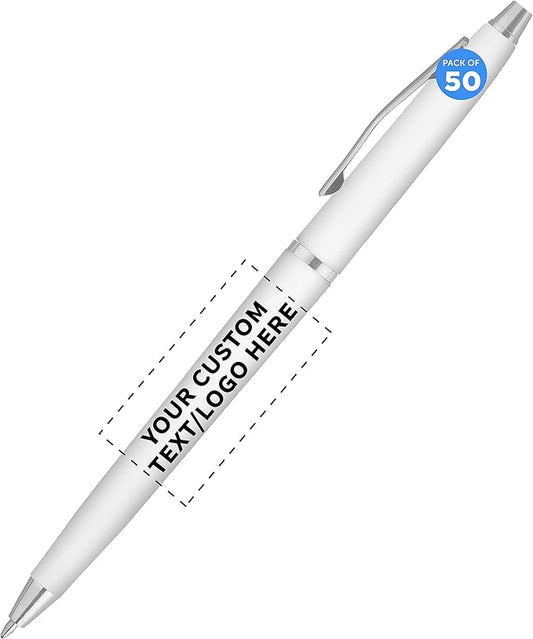 DISCOUNT PROMOS Custom Langham Ballpoint Ink Pen - Set of 50 Writing Pens for Work - Cool Pens for Writing, Black Ink, White