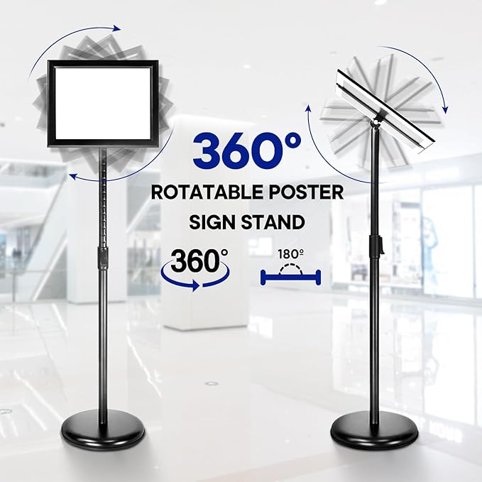 Adjustable Poster Sign Stand Holder Heavy Duty Snap Open Aluminum Pedestal Floor Standing Sign Holder Vertical and Horizontal View Sign Displayed,Advertising Display Stand (Black, 8.5x11inches)