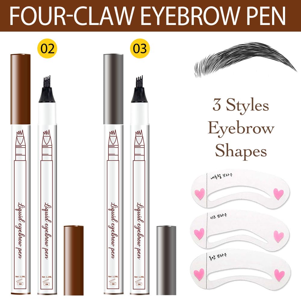 Eyebrow Ink Pencil by Brow Stylist -Micro 4 Point Brow Pen Lift & Snatch Eyebrow Pen Kits with 3 Eyebrow Stencil Long-Lasting Waterproof Natural Eyebrow Hair (2Pcs 02# brown&03# dark grey)