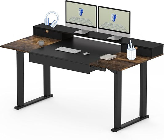 FLEXISPOT 63x32 in 4-Leg Standing Desk with Storage Electric Adjustable Height with 3 Drawers & Shelving Home Office Workstation (Black + Special Walnut Top)