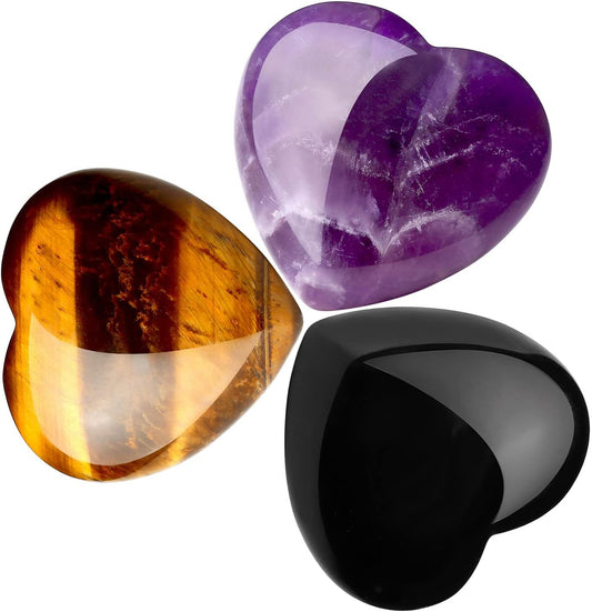 QINJIEJIE 3 PCS 1.2" Large Heart Crystals Amethyst Obsidian Tigers Eye Natural Healing Crystal Heart Shape Love Stones Polished Thumb Gemstones Therapy Reiki Energy Balancing Gifts