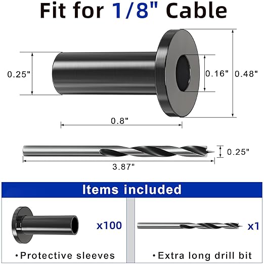 100 Pack Cable Railing Protector Sleeves for 1/8” Deck Railing System, Black Cable Railing Kit Hardware for Wood Post, T316 Stainless Steel Marine Grade DB58