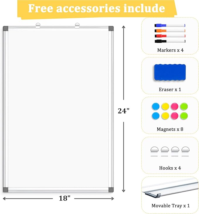 AMUSIGHT Double-Sided Magnetic Whiteboard, 24" x 18" Dry Erase Board Aluminum Frame for Wall, White Board Marker Board for Kitchen, Memo, School, Home, Office