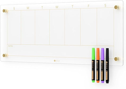 Clear Glass Weekly Dry Erase Calendar Non-Magnetic Whiteboard for Wall, 7 Day to Do List, Menu & Meal Planner White Board for Kitchen Home Office, 23x9.5, 4 Markers Included, Yeoux