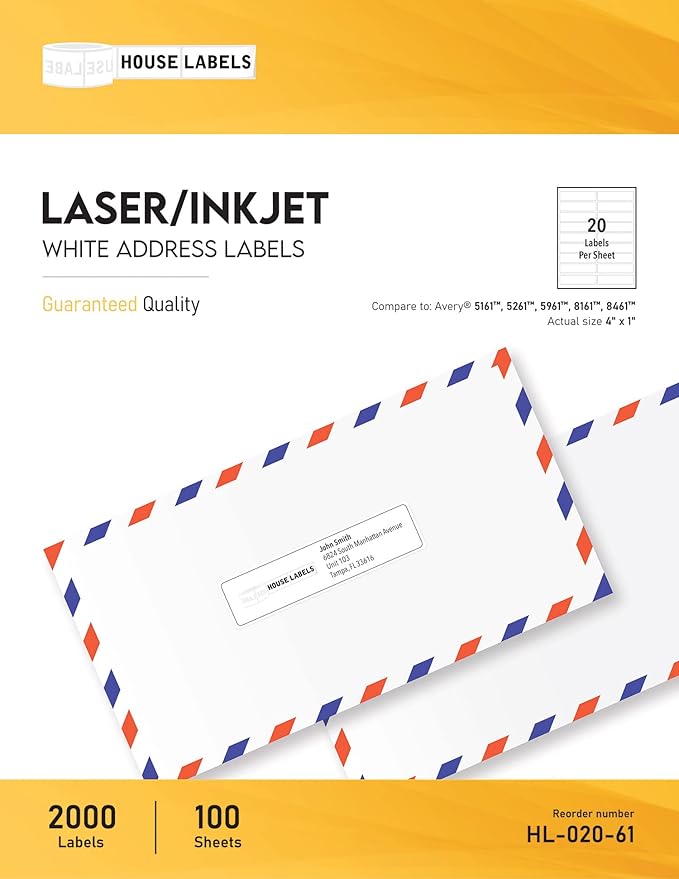 HOUSELABELS 20-up Shipping Labels (4" x 1") for Laser and Inkjet Printers, 700 Sheets