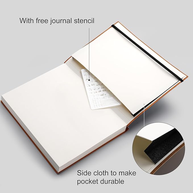 AHGXG Bullet Dotted Journal - Large A4 Notebook Dotted, 8.5''×11'', 320 Pages Dot Grid Notebook, 100gsm Thick Paper, Leather Softcover, with Journal Stencils, Inner Pocket - Black