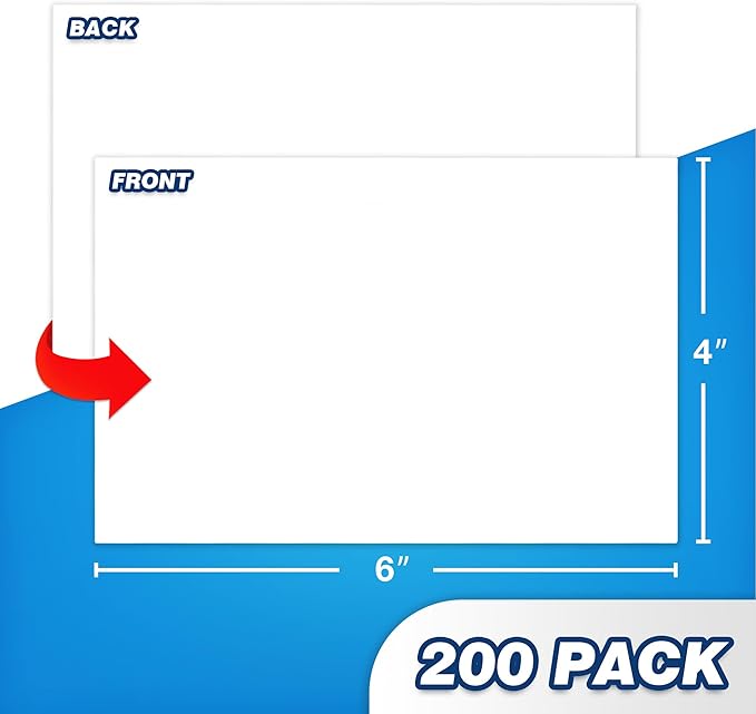 Chell 200 Count Blank Index Cards 4x6 Inch Heavyweight, No Bleed-Through, Double Side Unlined, 74 lb. Cover Weight, White