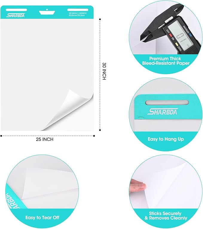 SHARBDA Sticky Easel Pad, 25 in x 30 in,Flip Chart Paper,Sticky Chart Paper for Teachers, Large Self-Stick Easel Paper,Super Sticky & Bleed-Resistant,30 Sheets/Pad,2 Pads
