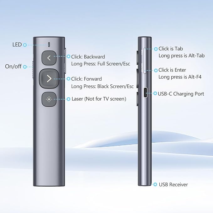 Norwii N95 Presentation Clicker with USB-A&C Receiver, PowerPoint Clicker for Presentation Remote, Rechargeable Wireless Presenter Pointer, Slide Advancer for PC/Laptop/e-Book (Green, USB-AC)
