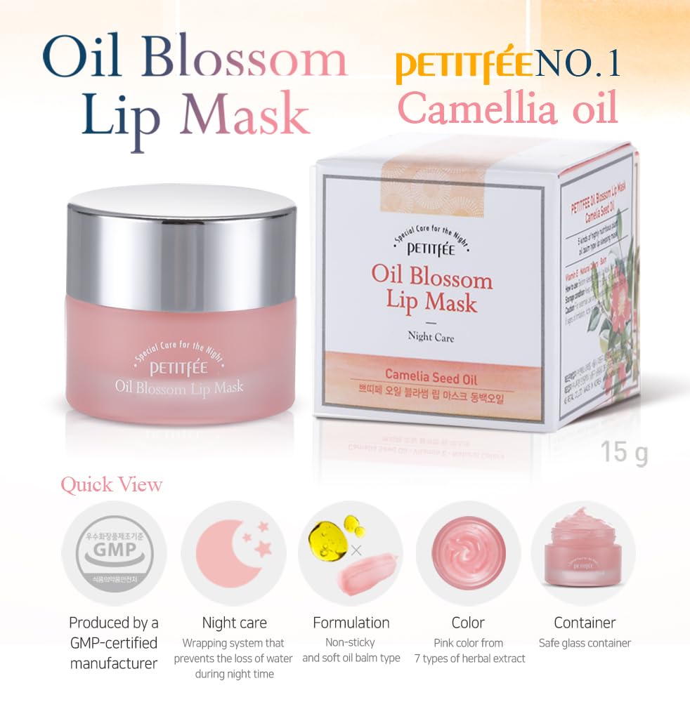 PETITFEE Sleeping Lip Mask Camelia Seed Oil 0.53 Oz. | Day & Night Repairing Balm, Overnight Lip Mask, Lip Treatment for Dull & Dry Lip, Deep Nourishing with Vitamin E, 5 Phyto Oil Complex