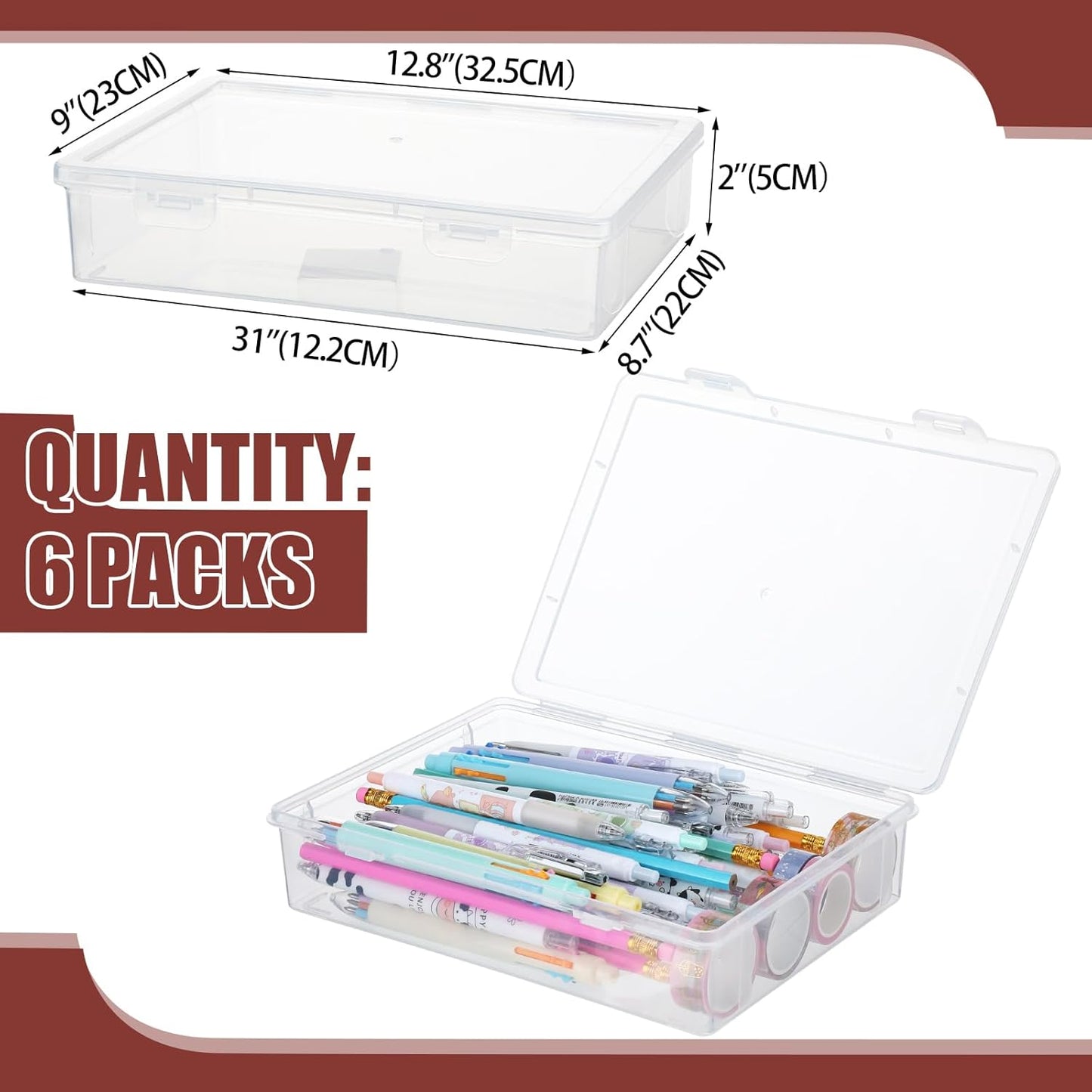 Qunclay 6 Pcs 13'' X 9'' X 2'' Plastic Storage Box with Lid Multipurpose Craft Organizers Plastic Containers Clear Pencil Case Art Satchel Storage Case for Beads Ornaments Crafts Accessories