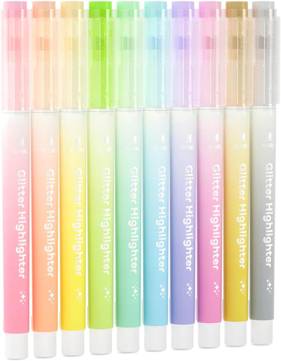Glitter Highlighters, Shuttle Art 10 Sparkle Colors Chisel Tip Fluorescent Markers, Quick-Dry Non-Toxic Aesthetic Shimmer Highlighter Pens for Kids Teens Adults, Perfect for School Office Art Supplies