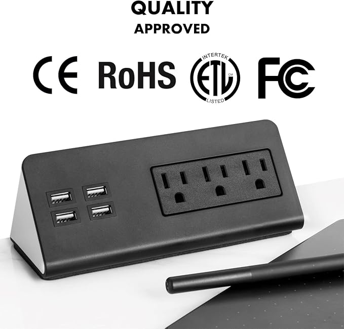 Kable Kontrol Desk Clamp Power Strip with 4 USB-A Ports, Nightstand Charging Station, 3 AC Outlets, Fast Charger, Easy Installation for Home, Offices, Hotels – 4.9 Ft, Black, 5 Pcs