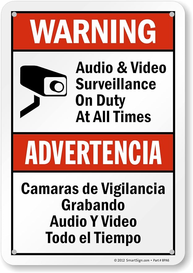 SmartSign 10 x 7 inch “Warning - Audio & Video Surveillance On Duty At All Times” Bilingual Sticker Label, 3 mil Laminated Adhesive Polyester, Red, Black and White, Made in USA