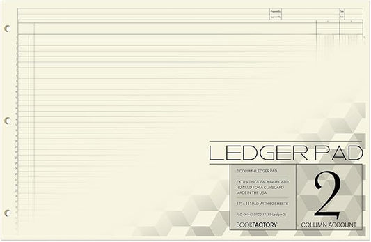 BookFactory Ledger Pad/Large 2 Column Accounting Ledger Columnar (Two Columns) Pads - 17'' x 11'', 50 Pages, Notepad Landscape Format (Made in USA)