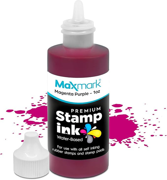 MaxMark Premium Refill Ink with Control Tip Bottle for Self-Inking Stamps, Magenta Purple Color - 1 oz.