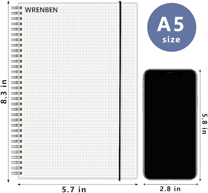 WRENBEN 120gsm Graph Paper Composition Notebook A5 Spiral Notebook 160 Pages Per Hardcover Grid Notebooks 5.7 x 8.3 Inches (4 Pack)