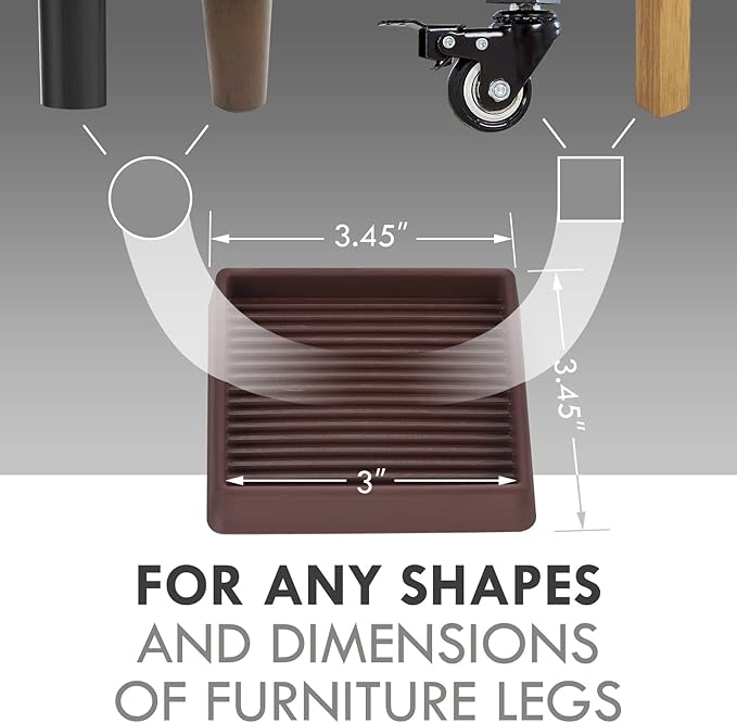 VOCOMO 3X3 Rubber Caster Cups, Non Slip Furniture Pads, Anti-Slip Furniture Gripper, Anti Skid Furnitures Feet, Anti Slide Floor Protector for Bed Couch Stoppers (Brown, 4 Pack)