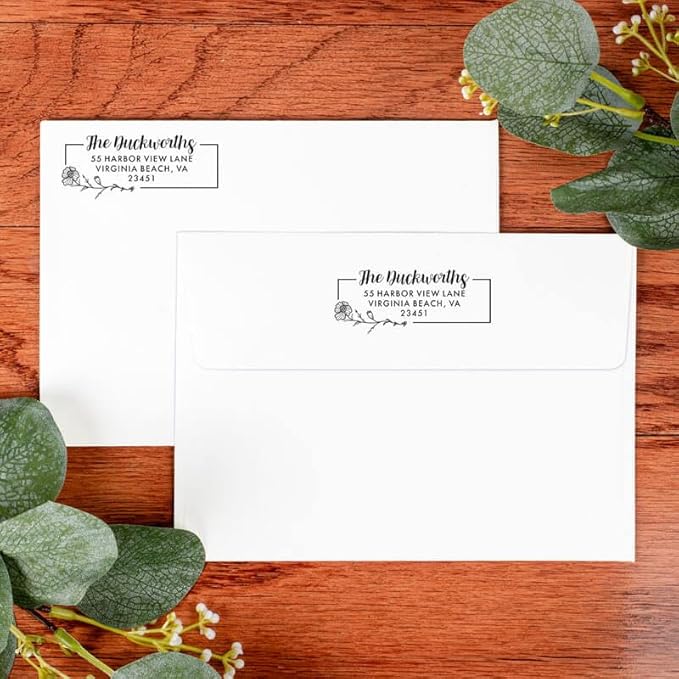 Custom Floral Address Stamp | Choose from 12 Designs | Multiple Ink Color Options | Envelope Return Address Stamp for Couple or Family (Design 8, Extra Large)
