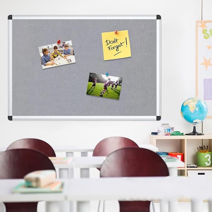 VIZ-PRO Notice Board Felt Gray, 36 X 24 Inches, Silver Aluminium Frame