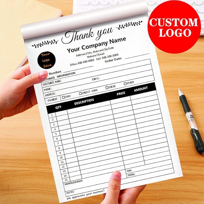 Personalized Invoice Book Custom 2 Part/3 Part Receipt Book Quote Estimate Order Forms Carbonless Form with Your Company Name Logo Address,2-10 Books (Style 12)