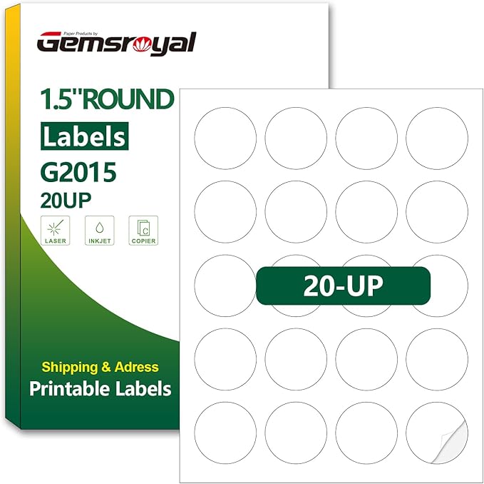 Gemsroyal 1.5 inch Round Labels Printable,Matte White Circle Labels for Printer,1-1/2" Small Printable Stickers,1.5" Blank Round Sticker Paper,40 Sheets,800 Circle Stickers,World Class Materials
