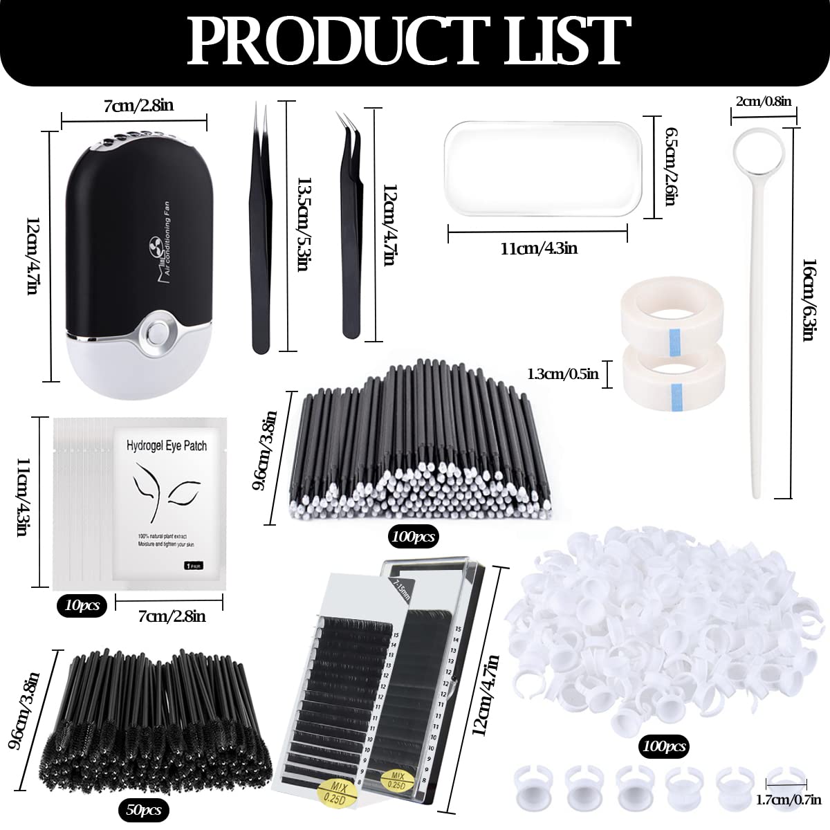 Eyelash Extension Supplies Kit with Individual Lash 0.07D Curl Mix 7-15mm USB Lash Fan Dryer Gel Patch Silicone Holder Pad Tweezers Mirror Disposable Mascara Brush Mini Applicator Glue Ring Tapes