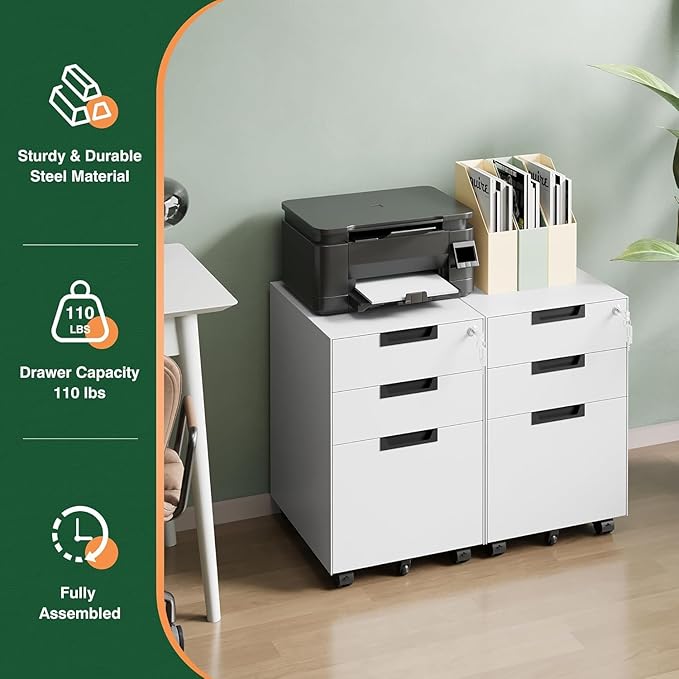 Letaya 3 Drawer Mobile File Cabinet with Lock,Under Desk Metal Small Filing Cabinets for Home Office Organizer Letters/Legal/A4(Fully Assembled Except Wheels-White)