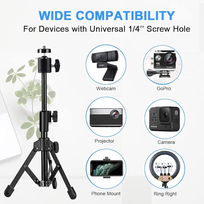 Webcam Tripod Stand Extendable Desktops Tripod for Camera/Phone/Webcam, Desk Tripods Webcam Mount Holder Compatible with Logitech Webcams C925e C922x C922 C930e C930 C920 C615 /iPhone/Ring Light