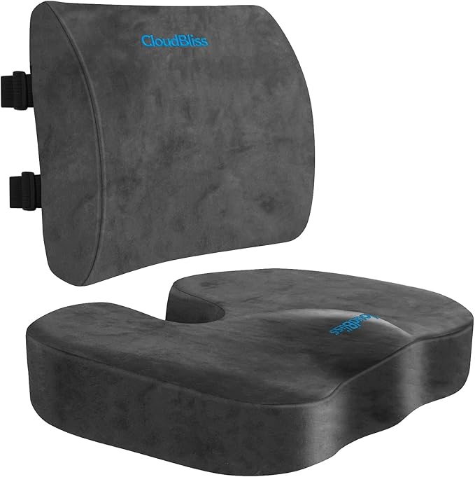 CloudBliss Seat Cushion,Office Chair Cushions,Car Seat Cushion,Lumbar Support Pillow for Office Chair,Back Support Memory Foam Pillow Coccyx Cushion for Tailbone Pain,Sciatica & Back Pain Relief -Grey