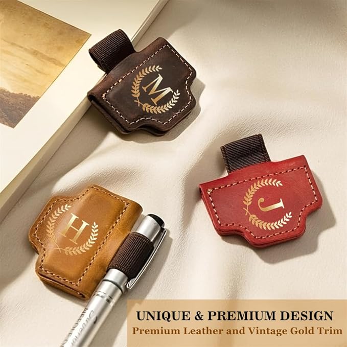 Personalized Bygone Mark Bookmark with Pen Holder, Leather Magnetic Bookmark 26 Letters,Gifts for Book Lovers, Readers, Leather Book Marks for Men Women (Brown, L)