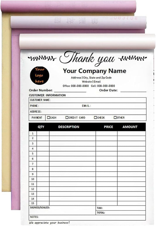 Custom Invoice Book in 3-Part /2-Part Receipt Book with Carbon Copies Personalized Carbonless Service Invoice Form Books Sales Order Book with Company Name Logo Address,C3-Thank You Receipt