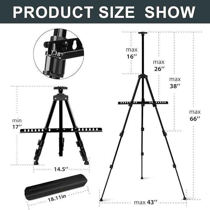 AROIC 4 Pack Art Painting Display Easel Stands,Portable Adjustable Aluminum Metal Tripod Artist Canvases Height from17 to 66 Inch Extra Sturdy forTable-Top/Floor Painting. Black with 4 Storage Bag