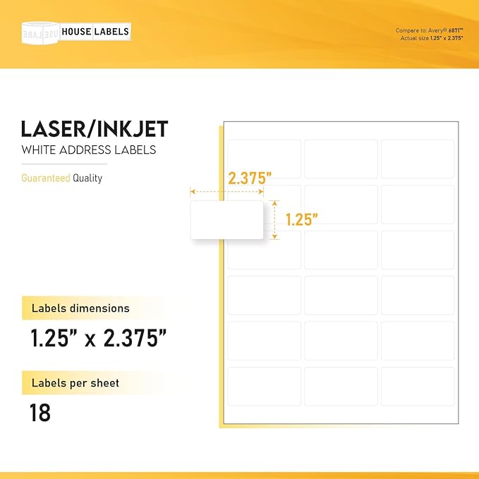 HOUSELABELS 18-up Address Labels (2-3/8" x 1-1/4") for Laser and Inkjet Printers, 200 Sheets