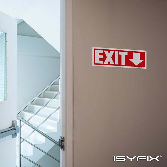 iSYFIX Exit Signs Stickers 6 Pack 12x4 Inch - Laminated Premium Vinyl Directional Down Arrow Signs for Buildings, Office, Workplace, Stores, Schools, Theaters, Parking, Restaurants, Factories