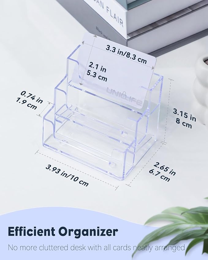 Uniclife 4 Pack Acrylic Business Card Holder for Desk 3 Slots Clear Business Card Display Stand for Men & Women Desktop Business Card Organizer Card Stand for Office Home Exhibition, 180 Card Capacity