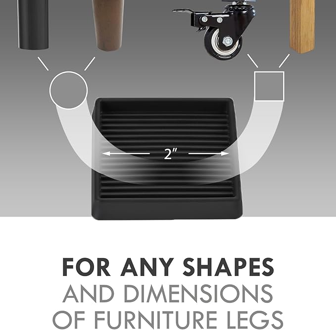 VOCOMO 2X2 Rubber Caster Cups, Non Slip Furniture Pads, Anti-Slip Gripper, Anti Skid Furniture Feet, Anti Slide Floor Protector for Bed Couch Table Chair Stoppers - 12 Pack, Black