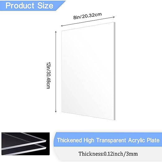 2 Pack 8x12 Inch Acrylic Sheet 1/8" Thick, Cast Acrylic Sheet, Clear Plexiglass Sheets, for Craft Projects, Display Cases, Signs, Photo Frame