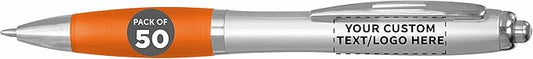 DISCOUNT PROMOS Ballpoint Pens With Rubber Grip, 50 pack, Custom Promotional Text, Logo with Name, Black Ink Writing Pens in Bulk, Orange