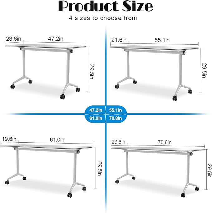 Conference Table Flip Top Mobile Conference Room Tables,Folding Conference Table with Wheels,Large Meeting Training Seminar Table Saving Space for Office Classroom (6, White, 70.8'')