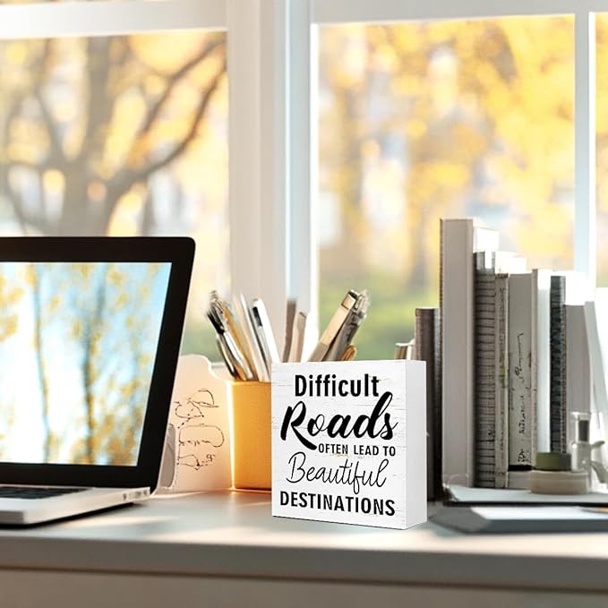 Inspirational Wood Box Sign - "Difficult Roads To Beautiful Destinations" Motivational Message - 5x5x1 Inch Uplifting Home & Office Decor