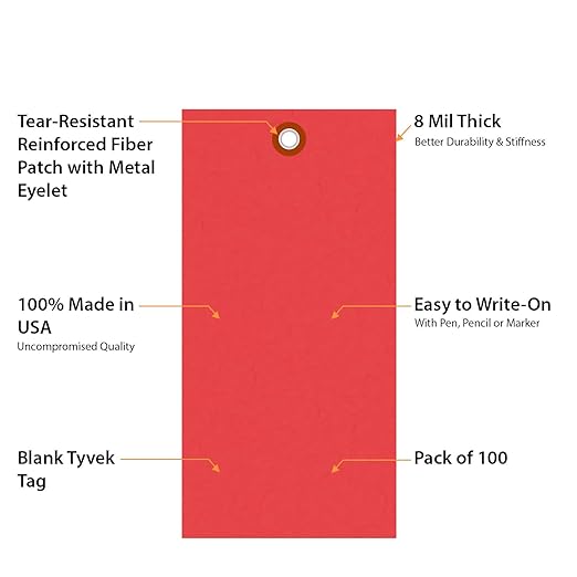 SmartSign (Pack of 100) 6.25 x 3.125 inch “Red” Blank Tyvek Shipping Tags with Metal Eyelets, Size #8, 8 mil Thick Tyvek