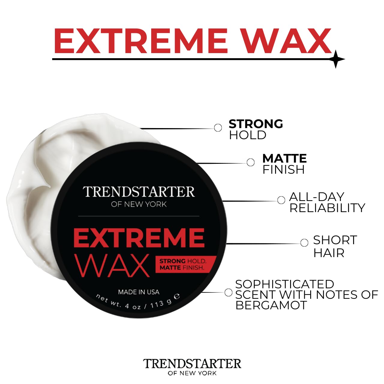 TRENDSTARTER Hair Wax - Extreme, 4oz - Matte Finish - Premium Water Based Flake-Free Hair Styling Pomade for All Hair Types - All-Day Strong Hold