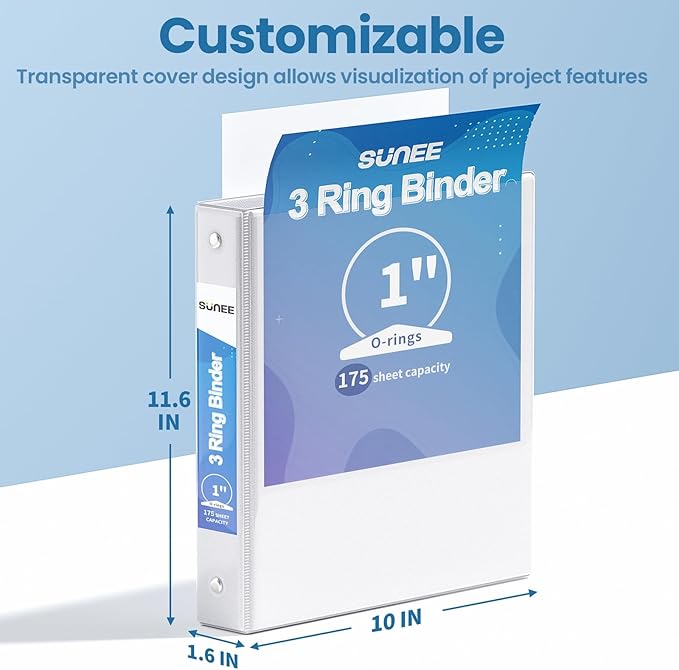 SUNEE White Binders 1 Inch 24 Pack Bulk, Clear View 3 Ring Binders PVC-Free (Fit 8.5x11 Inches) for School or Office Supplies