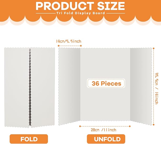 Ctosree 36 Pcs 14 * 22 Inch Tri Fold Poster Board Bulk, Science Fair Project Display Paperboard, Single Wall, Lightweight Presentation Board (White)